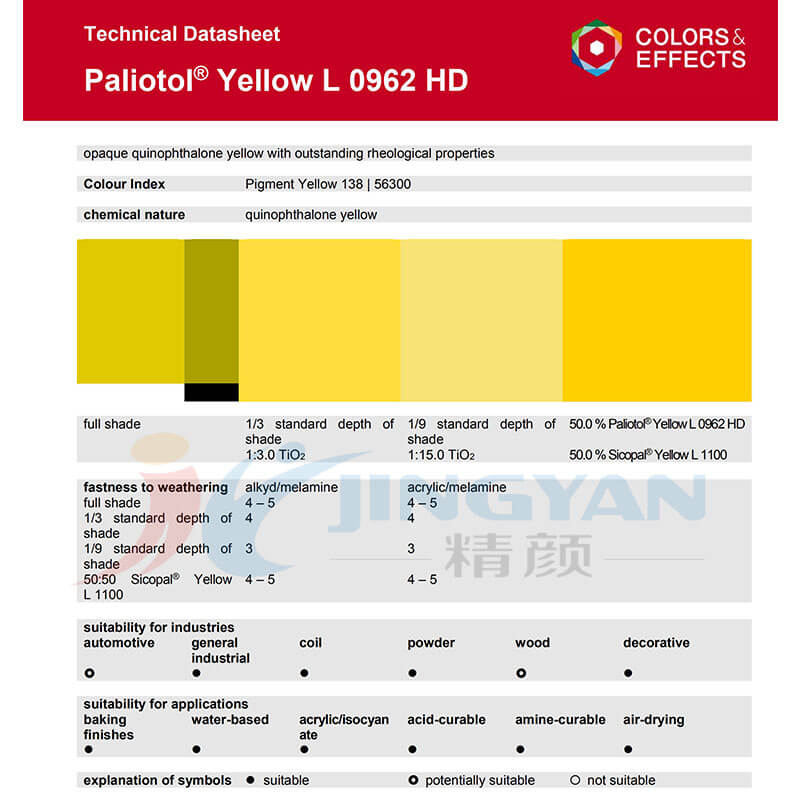 巴斯夫L0962HD喹酞酮黃顏料TDS數據表